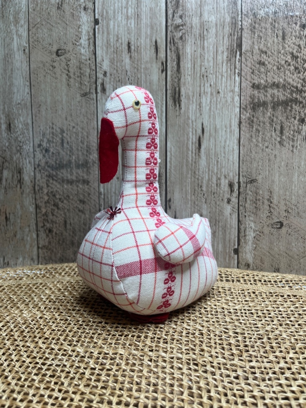 Vintage Red & White Plaid Goose Duck Fabric Plush Holiday Decor - Picture 6 of 6